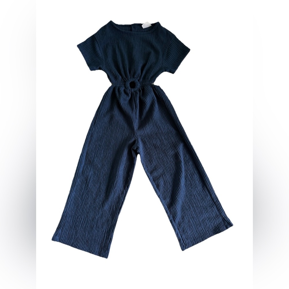 Zara Navy Textured Wide-Leg Jumpsuit with Ring Detail